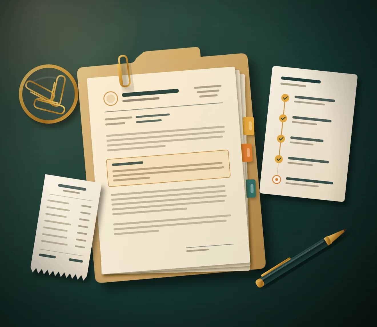 A claim file in order: indexed documents, a hospital receipt and a five-step timeline card with the last step still open